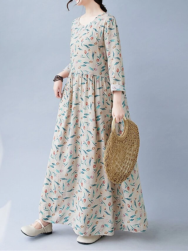 Women's Casual Dress Linen Dress Swing Dress Maxi Long Dress Linen Fashion Modern Outdoor Daily Holiday Crew Neck Print Long Sleeve Fall Winter Autumn 2023 Loose Fit Apricot Flower L XL 2XL 5 Women's Casual Dress Linen Dress Swing Dress Maxi Long Dress Linen Fashion Modern Outdoor Daily Holiday Crew Neck Print Long Sleeve Fall Winter Autumn 2023 Loose Fit Apricot Flower L XL 2XL - Image 5