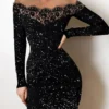 Women‘s Wedding Guest Dress Homecoming Dress Party Dress Lace Dress Black Dress Bodycon Sheath Dress Mini Dress Long Sleeve Polka Dot Winter Fall Autumn Off Shoulder Sexy Winter Dress