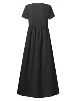 Women's Casual Dress Cotton Linen Dress Maxi Long Dress Polyester Daily Casual Daily Outdoor Home Daily Crew Neck Ruched Pocket Short Sleeve Summer Spring 2023 Regular Fit Black Yellow Plain S M L XL -Party Prom Dresses Sales Store anvnsx1689760738387