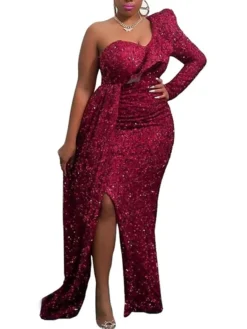 Women‘s Prom Dress Party Dress Sequin Dress Long Dress Maxi Dress White Pink Wine Long Sleeve Pure Color Sparkly Glitter Sequins Spring Fall Winter One Shoulder Fashion Winter Dress Wedding -Party Prom Dresses Sales Store aoytow1693808447565