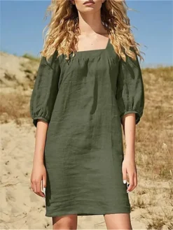 Women's Casual Dress Cotton Linen Dress Shift Dress Mini Dress Cotton Fashion Modern Outdoor Daily Vacation Square Neck Puff Sleeve Basic Half Sleeve Summer Spring Fall 2023 Regular Fit Blue Brown -Party Prom Dresses Sales Store aoyypk1691144063815