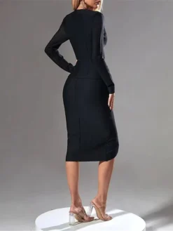 Women's Work Dress Sheath Dress Black Dress Fashion Midi Dress Button Split V Neck Long Sleeve Plain Regular Fit Black Summer Spring S M L XL -Party Prom Dresses Sales Store apdwhh1688449066735