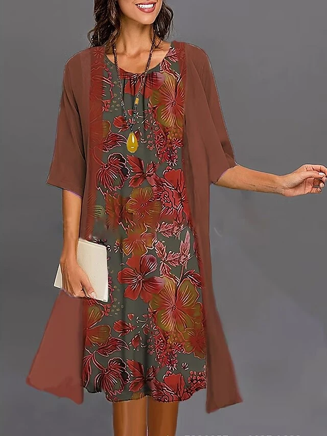 Women's Two Piece Dress Set Casual Dress Print Dress Outdoor Daily Fashion Elegant Print Midi Dress Crew Neck 3/4 Length Sleeve Floral Regular Fit Wine Navy Blue Blue Summer Spring S M L XL XXL 3 Women's Two Piece Dress Set Casual Dress Print Dress Outdoor Daily Fashion Elegant Print Midi Dress Crew Neck 3/4 Length Sleeve Floral Regular Fit Wine Navy Blue Blue Summer Spring S M L XL XXL - Image 3