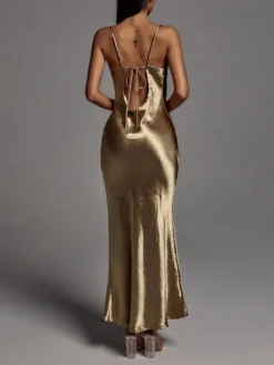 Women‘s Christmas Prom Dress Party Dress Satin Dress Long Dress Maxi Dress Red Gold Sleeveless Pure Color Backless Spring Fall Winter Spaghetti Strap Fashion Birthday Evening Party Wedding Guest -Party Prom Dresses Sales Store apsmmb1692173959970