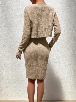 Women's Two Piece Dress Set Casual Dress Sheath Dress Daily Going Out Fashion Streetwear Button Midi Dress Crew Neck Long Sleeve Plain Regular Fit Black Purple Green Fall Winter S M L XL -Party Prom Dresses Sales Store apurem1693805483487