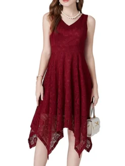 Women's Party Dress Lace Dress Cocktail Dress Midi Dress Black Pink Wine Sleeveless Pure Color Lace Spring Fall Winter V Neck Fashion Winter Dress Wedding Guest Vacation 2023 S M L XL XXL