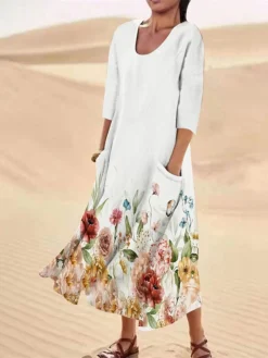 Women's Casual Dress Cotton Linen Dress Midi Dress Polyester Fashion Casual Daily Outdoor Daily Vacation Crew Neck Pocket Print Half Sleeve Summer Spring Fall 2023 Loose Fit ArmyGreen White Red Leaf -Party Prom Dresses Sales Store aqjjsv1690365370072