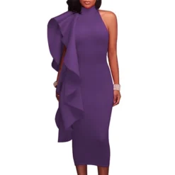 Women‘s Cocktail Party Dress Wedding Guest Dress Sheath Dress Midi Dress Green Black Blue Sleeveless Pure Color Ruffle Fall Spring Autumn Turtleneck S M L XL XXL -Party Prom Dresses Sales Store arbzib1635431729206