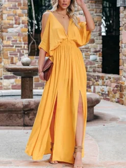 Women's Long Dress Maxi Dress Party Dress Swing Dress A Line Dress Pure Color Basic Casual Holiday Date Beach Backless Split Half Sleeve V Neck Dress Loose Fit White Yellow Orange Spring Summer S M L