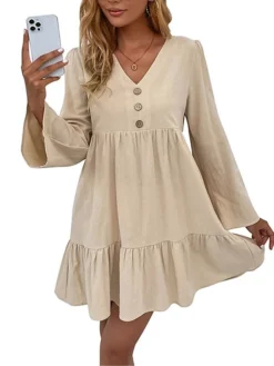 Women's Casual Dress Cotton Linen Dress Mini Dress Linen / Cotton Blend Basic Classic Outdoor Daily Vacation Split Neck Ruffle Button Long Sleeve Fall Winter Autumn 2023 Loose Fit Apricot Plain S M L -Party Prom Dresses Sales Store arhhlw1695014845771