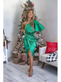 Women‘s Wedding Guest Dress Party Dress Satin Dress Midi Dress Green Black Gold Orange Navy Blue Short Sleeve Solid Color Ruched Spring Summer Off Shoulder Elegant & Luxurious 2022 S M L XL -Party Prom Dresses Sales Store armqlg1660465397519