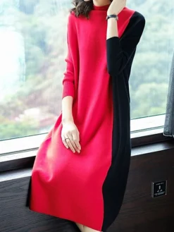 Women's Work Dress Casual Dress Shift Dress Fashion Winter Dress Daily Midi Dress Patchwork Stand Collar Long Sleeve Color Block Regular Fit Black Red Fall Winter M L XL XXL 3XL -Party Prom Dresses Sales Store arnmey1697099109576
