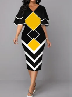 Women's Work Dress Sheath Dress Semi Formal Dress Fashion Office Daily Midi Dress Print V Neck Half Sleeve Geometric Regular Fit Yellow Wine Royal Blue Fall Winter S M L XL XXL -Party Prom Dresses Sales Store arrpux1696732978247