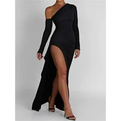 Women's Prom Dress Party Dress Wedding Guest Dress Long Dress Maxi Dress Black Long Sleeve Pure Color Split Fall Winter Autumn One Shoulder Fashion Winter Dress Wedding Guest Birthday 2023 S M L XL -Party Prom Dresses Sales Store arxfwj1695639463630