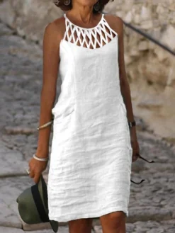 Women's Casual Dress Cotton Linen Dress Shift Dress Mini Dress Cotton Blend Modern Casual Outdoor Daily Vacation Halter Ruched Hollow Out Sleeveless Summer Spring 2023 Regular Fit Black White Blue