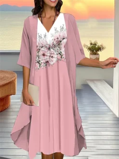 Women's Two Piece Dress Set Casual Dress Chiffon Dress Outdoor Daily Fashion Streetwear Knot Front Print Midi Dress V Neck 3/4 Length Sleeve Floral Regular Fit Pink Blue Purple Fall Winter S M L XL -Party Prom Dresses Sales Store asfvry1693534942504