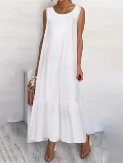 Women's Casual Dress Cotton Linen Dress Swing Dress Maxi Long Dress Linen / Cotton Blend Basic Classic Outdoor Daily Vacation Crew Neck Ruffle Sleeveless Summer Spring 2023 Regular Fit Black White