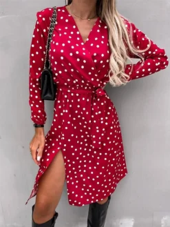 Women's Work Dress Sheath Dress Semi Formal Dress Fashion Midi Dress Lace Up Split V Neck Long Sleeve Polka Dot Loose Fit Black White Red Fall Winter S M L XL XXL -Party Prom Dresses Sales Store asjpnh1692080007368