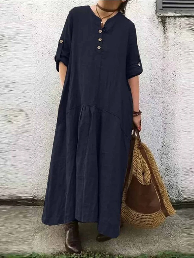 Women's Casual Dress Cotton Linen Dress Black Dress Maxi Long Dress Cotton Blend Basic Casual Outdoor Daily V Neck Button Pocket Long Sleeve Summer Spring Fall 2023 Loose Fit ArmyGreen Navy Blue Khaki 1 Women's Casual Dress Cotton Linen Dress Black Dress Maxi Long Dress Cotton Blend Basic Casual Outdoor Daily V Neck Button Pocket Long Sleeve Summer Spring Fall 2023 Loose Fit ArmyGreen Navy Blue Khaki