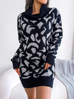 Women's Sweater Dress Jumper Dress Casual Dress Mini Dress Fashion Leopard Outdoor Daily Going Out Turtleneck Long Sleeve 2023 Loose Fit Black Wine Khaki S M L -Party Prom Dresses Sales Store assosg1694756294931