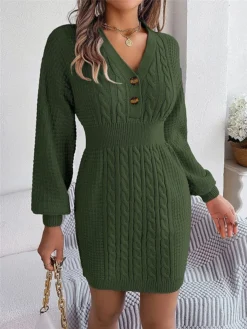 Women's Sweater Dress Winter Dress Jumper Dress Mini Dress Active Pure Color Outdoor Casual Holiday Vacation V Neck Long Sleeve Button 2023 Regular Fit White Pink Green S M L -Party Prom Dresses Sales Store aswddl1696926540057