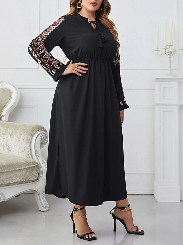 Women's Work Dress Black Dress Semi Formal Dress Fashion Midi Dress Print V Neck Long Sleeve Print Loose Fit Black Spring Fall XL XXL 3XL 4XL 4 Women's Work Dress Black Dress Semi Formal Dress Fashion Midi Dress Print V Neck Long Sleeve Print Loose Fit Black Spring Fall XL XXL 3XL 4XL - Image 4