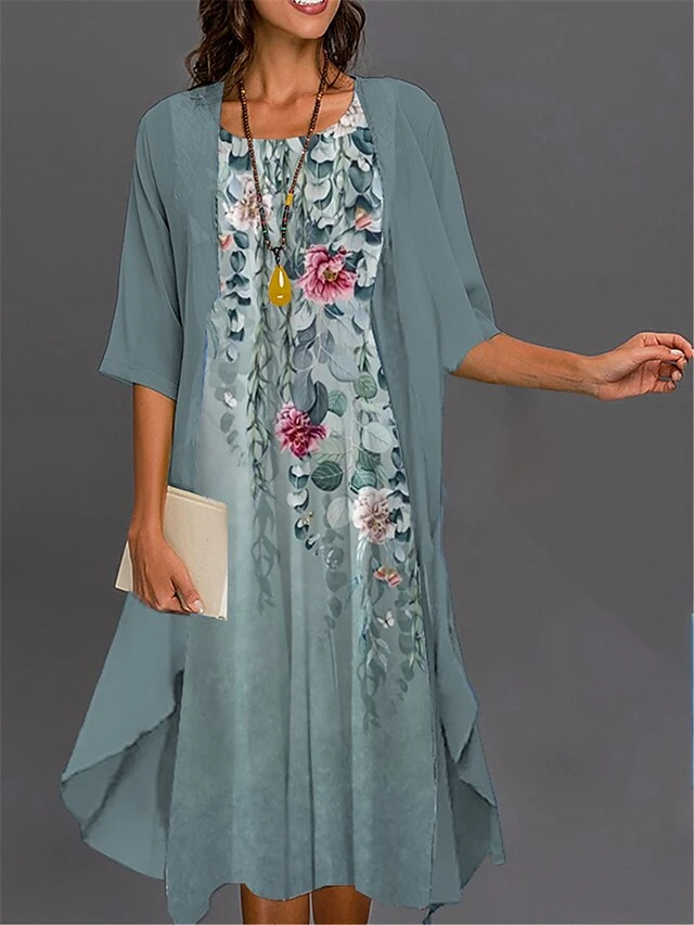 Women's Two Piece Dress Set Casual Dress Print Dress Outdoor Daily Fashion Elegant Print Midi Dress Crew Neck 3/4 Length Sleeve Floral Butterfly Loose Fit Pink Navy Blue Royal Blue Summer Spring S M 3 Women's Two Piece Dress Set Casual Dress Print Dress Outdoor Daily Fashion Elegant Print Midi Dress Crew Neck 3/4 Length Sleeve Floral Butterfly Loose Fit Pink Navy Blue Royal Blue Summer Spring S M - Image 3