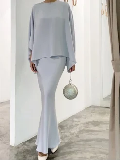 Women's Two Piece Dress Set Casual Dress Skirt Set Daily Going Out Elegant Modern Ruffle Long Dress Maxi Dress Stand Collar Long Sleeve Plain Regular Fit Silver Black White Fall Winter S M L XL XXL -Party Prom Dresses Sales Store ativvc1693386803830