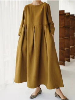 Women's Cotton Linen Dress Casual Dress Swing Dress Maxi Long Dress Cotton Blend Basic Classic Outdoor Daily Crew Neck Pocket Smocked Long Sleeve Summer Spring Fall 2023 Loose Fit Black Yellow Green -Party Prom Dresses Sales Store atqqwa1673850086461