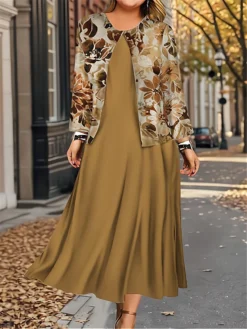 Women's Plus Size Two Piece Dress Set Casual Dress Swing Dress Outdoor Office Fashion Streetwear Print Midi Dress Crew Neck Long Sleeve Leaf Floral Regular Fit Pink Blue Brown Fall Winter L XL XXL -Party Prom Dresses Sales Store atvqhu1697613528640