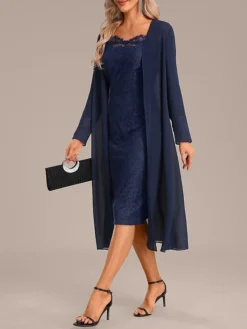 Women's Two Piece Dress Set Party Dress Lace Dress Party Outdoor Fashion Streetwear Lace Midi Dress Off Shoulder Long Sleeve Plain Regular Fit Navy Blue Fall Winter S M L XL XXL -Party Prom Dresses Sales Store atxged1697450715916