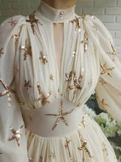 Women's Party Dress Sequin Dress Homecoming Dress Long Dress Maxi Dress Light Yellow Long Sleeve Star Sequins Fall Winter Autumn Stand Collar Modern Fall Dress 2023 S M L XL XXL -Party Prom Dresses Sales Store audekj1697451053695