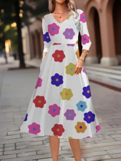Women's Work Dress Swing Dress A Line Dress Fashion Midi Dress Pocket Print V Neck 3/4 Length Sleeve Floral Geometric Regular Fit White Blue Green Fall Winter S M L XL XXL -Party Prom Dresses Sales Store avcipn1693374019410