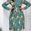 Women's Work Dress Casual Dress Semi Formal Dress Fashion Office Daily Workfashion Midi Dress Pleated Bow Crew Neck Long Sleeve Floral Regular Fit Blue Green Fall Winter S M L XL XXL