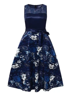 Women's Elegant Retro Vintage Tea Dresses Swing Dress Midi Dress Party Birthday Lace Bow Floral Crew Neck Sleeveless Regular Fit Spring Summer 2023 Dark Blue S M L XL -Party Prom Dresses Sales Store avpvnb1684134570923