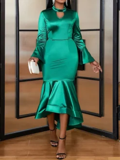 Women's Party Dress Cocktail Dress Wedding Guest Dress Long Dress Maxi Dress Green Long Sleeve Pure Color Ruffle Fall Winter Autumn Crew Neck Fashion Winter Dress Wedding Guest Birthday 2023 S M L XL