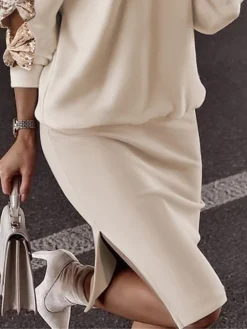 Women's Two Piece Dress Set Casual Dress Sequin Dress Daily Date Fashion Streetwear Patchwork Hollow Out Midi Dress V Neck Long Sleeve Plain Loose Fit Apricot Fall Winter S M L XL -Party Prom Dresses Sales Store avttme1696846108361