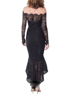 Women‘s Cocktail Party Dress Wedding Guest Dress Lace Dress Midi Dress Black White Wine Long Sleeve Pure Color Lace Winter Fall Autumn Off Shoulder Elegant Winter Dress Fall Dress 2023 S M L XL -Party Prom Dresses Sales Store avvneu1635409558916