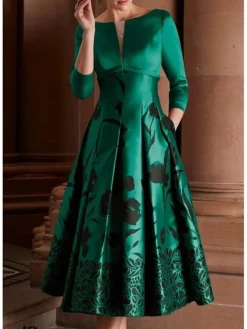 Women‘s Emerald Green Dress Midi Dress Green 3/4 Length Sleeve Floral Print Summer Spring V Neck Fashion 2023 3XL