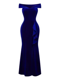 Women‘s Cocktail Party Dress Wedding Guest Dress Velvet Dress Long Dress Maxi Dress Blue Short Sleeve Pure Color Ruffle Winter Fall Spring V Neck Elegant Vacation 2023 S M L XL -Party Prom Dresses Sales Store awbtwk1677574173203