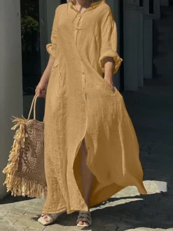 Women's Casual Dress Cotton Linen Dress Black Dress Maxi Long Dress Linen / Cotton Blend Fashion Daily Outdoor Daily Vacation Stand Collar Button Pocket Long Sleeve Fall Autumn 2023 Loose Fit Black -Party Prom Dresses Sales Store awfknr1692947491131