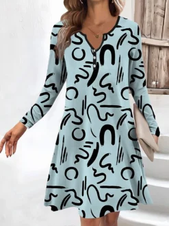 Women's Work Dress Casual Dress Fashion Winter Dress Daily Mini Dress Button Print V Neck Long Sleeve Letter Regular Fit Navy Blue Blue Green Fall Winter S M L XL XXL
