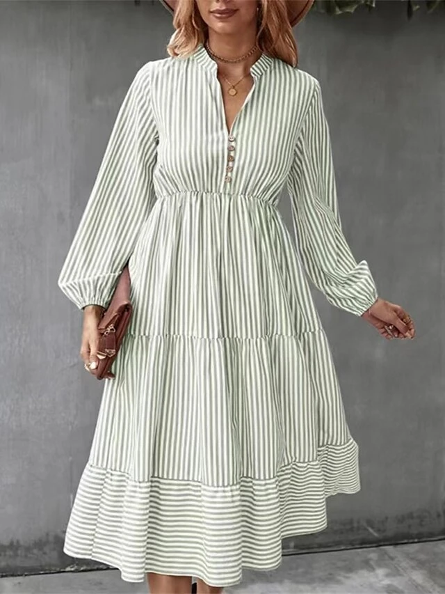 Women's Casual Dress Cotton Linen Dress Swing Dress Midi Dress Polyester Fashion Modern Outdoor Daily Vacation Split Neck Ruffle Button Long Sleeve Fall Winter Autumn 2023 Regular Fit Light Green 8 Women's Casual Dress Cotton Linen Dress Swing Dress Midi Dress Polyester Fashion Modern Outdoor Daily Vacation Split Neck Ruffle Button Long Sleeve Fall Winter Autumn 2023 Regular Fit Light Green - Image 8