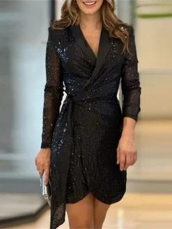 Women‘s Prom Dress Party Dress Sequin Dress Homecoming Dress Black Dress Mini Dress Long Sleeve Pure Color Lace Up Summer Spring Fall V Neck Fashion Office Evening Party Summer Dress 2023