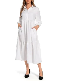 Women's Work Dress Satin Dress Swing Dress Fashion Midi Dress Ruffle Button Shirt Collar Long Sleeve Plain Loose Fit White Fall Winter S M L XL XXL -Party Prom Dresses Sales Store ayjwlf1693466146379