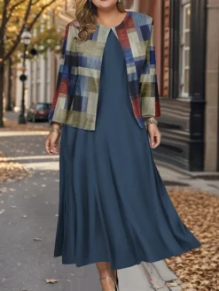 Women's Plus Size Two Piece Dress Set Casual Dress Swing Dress Outdoor Office Fashion Streetwear Print Midi Dress Crew Neck Long Sleeve Plaid Regular Fit Black Blue Brown Fall Winter L XL XXL 3XL 4XL -Party Prom Dresses Sales Store azehfb1697782563962