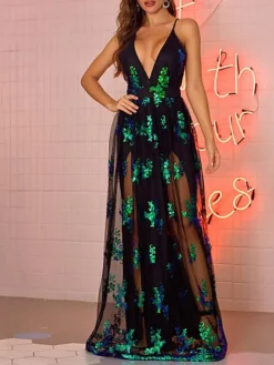 Women‘s Party Dress Sequin Dress Wedding Guest Dress Long Dress Maxi Dress Black Gold Green Sleeveless Flower Sequins Sparkly Glitter Spring Fall Winter Spaghetti Strap Fashion Winter Dress