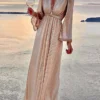 Women's Party Dress Sequin Dress Holiday Dress Long Dress Maxi Dress Beige Long Sleeve Pure Color Shimmer Spring Fall Winter V Neck Fashion Party Winter Dress Birthday Slim 2023 S M L XL 2XL 3XL