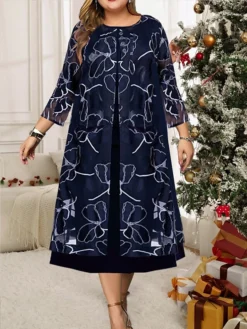 Women's Plus Size Two Piece Dress Set Casual Dress Chiffon Dress Outdoor Daily Fashion Elegant Print Midi Dress Crew Neck 3/4 Length Sleeve Floral Regular Fit Navy Blue Fall Winter L XL XXL 3XL 4XL