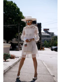 Women's Party Dress Lace Dress Homecoming Dress Mini Dress Black White Long Sleeve Pure Color Lace Summer Spring Fall Stand Collar Fashion Wedding Guest Birthday Vacation Slim 2023 S M L XL -Party Prom Dresses Sales Store baxpwu1689148831870